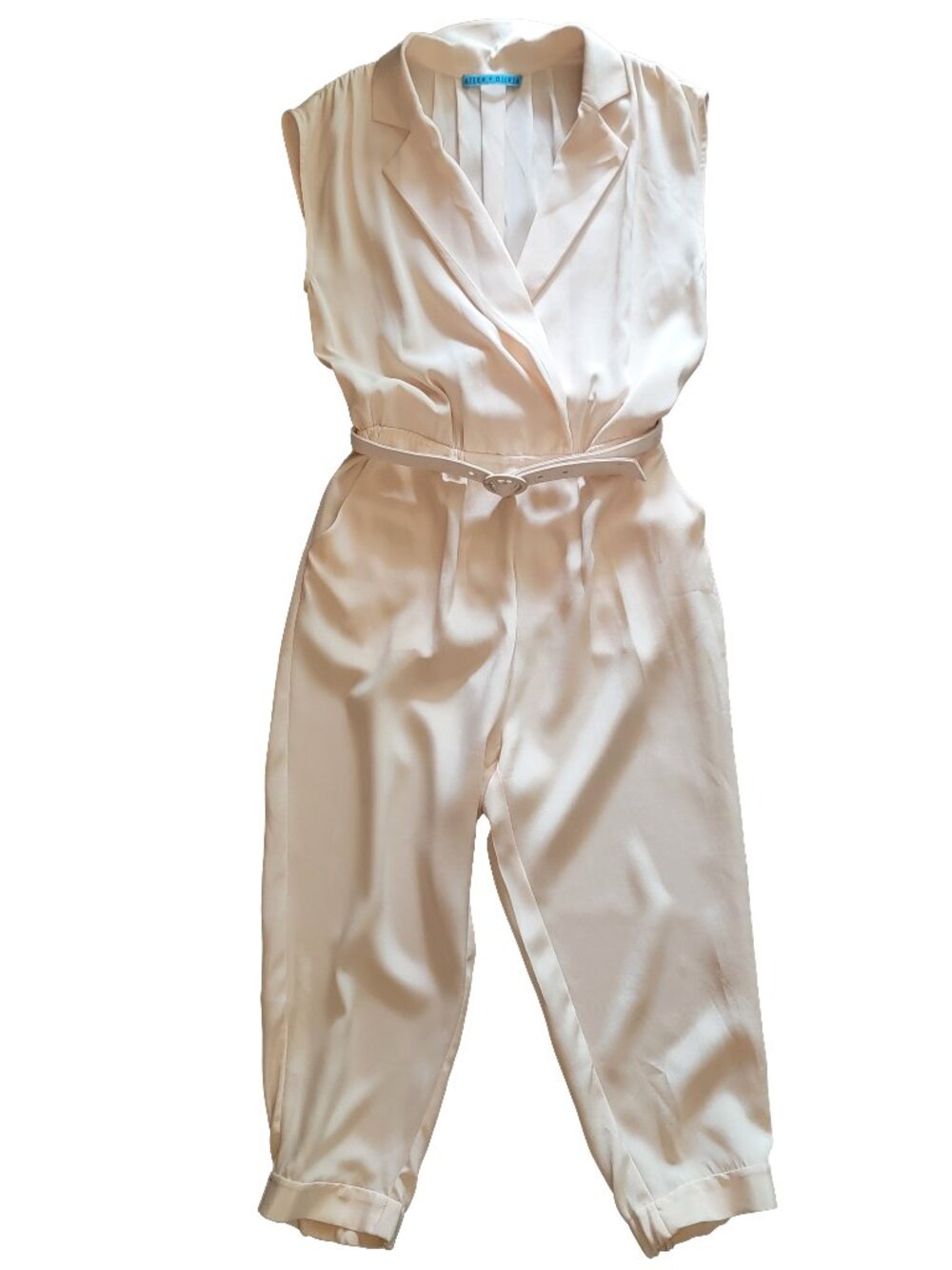 Alice + Olivia Jumpsuit Pink Silk Collar Belted Sleeveless Crop Leg Pockets S